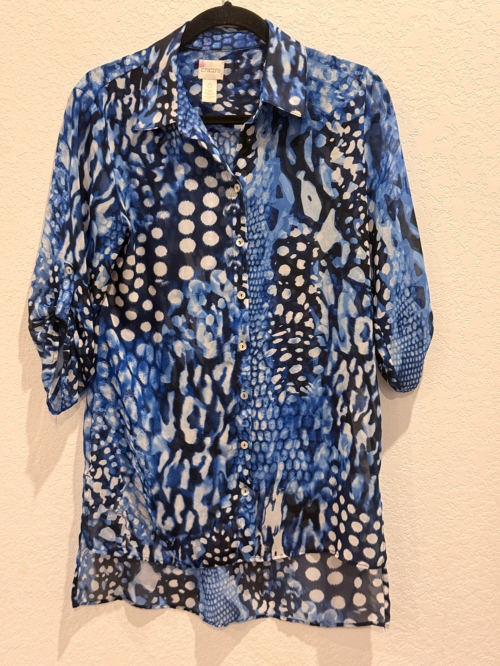 Chico's Blue & White Abstract Dot-Print Button Tunic - Picture 2 of 6